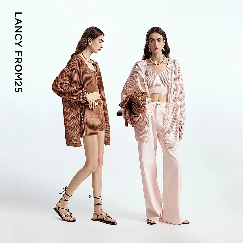 【漾25系列】朗姿气质v领毛针织衫镂空开衫度假风2025年夏季新款