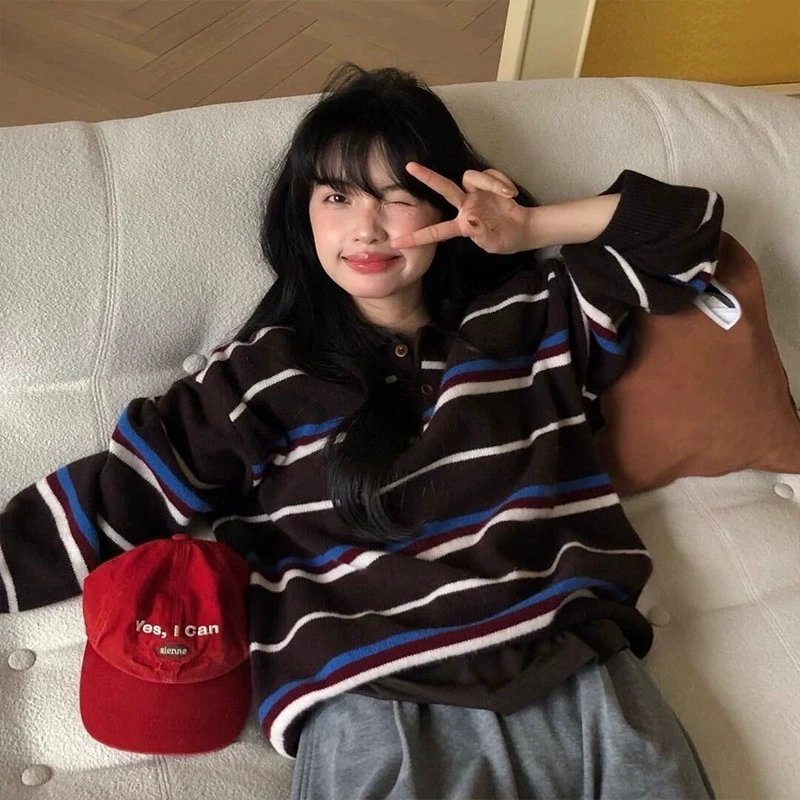 HONE韩国秋冬新款长袖polo领休闲撞色条纹针织衫复古毛衣女