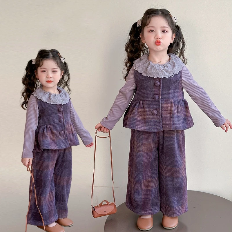 女童格子套装2025新款儿童春秋装韩版洋气女宝宝春季时髦三件套潮