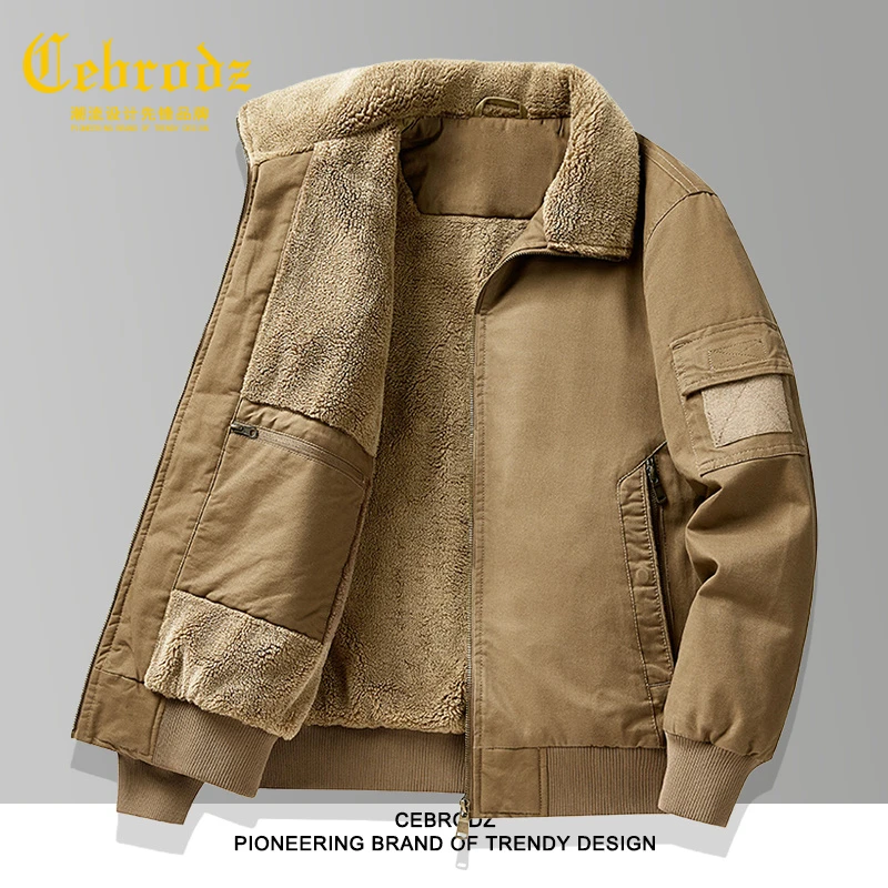 法国Cebrodz男士棉衣羊羔绒冬季加绒夹克宽松休闲保暖复古棉服男