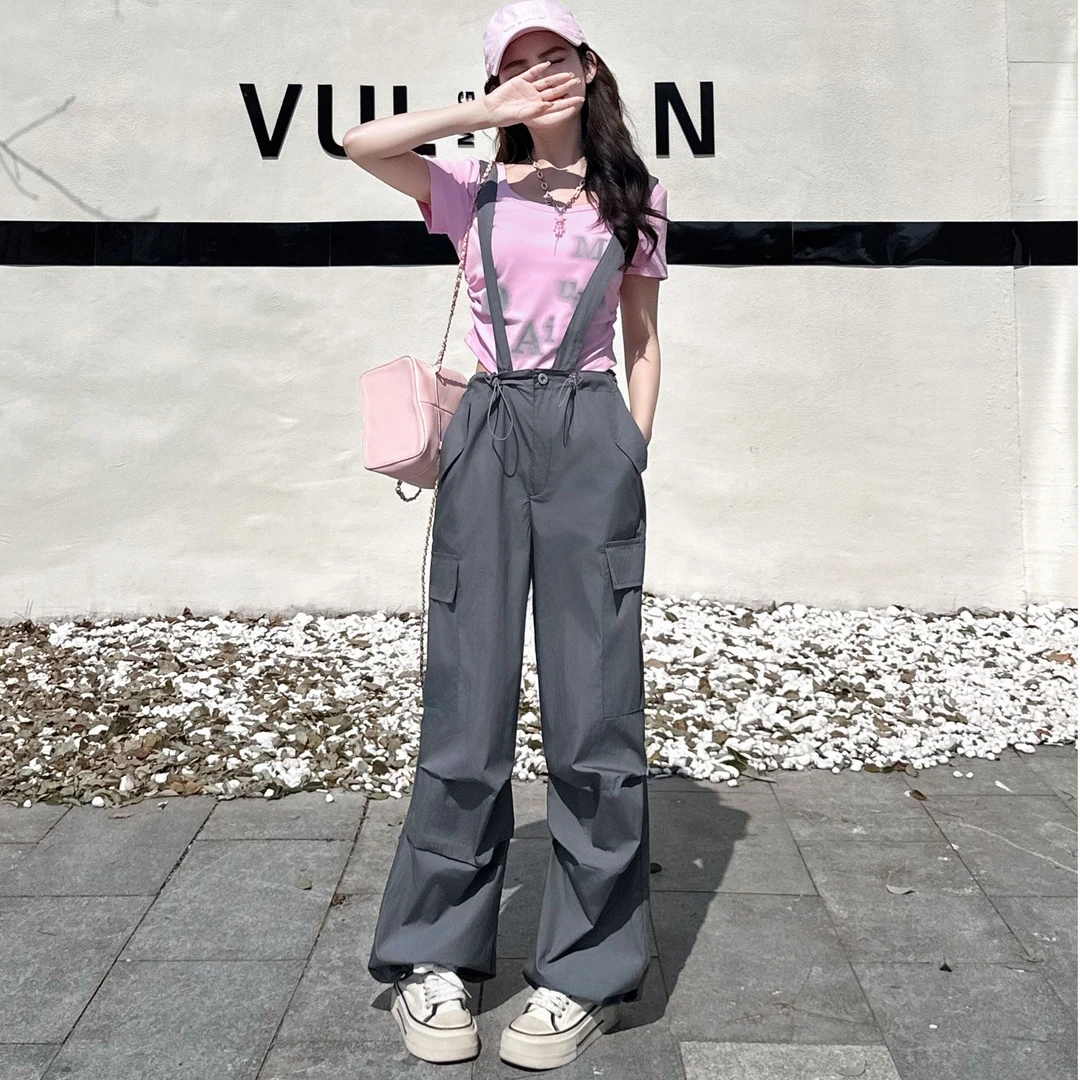 辣妹风短袖印花圆领T恤背带裤工装套装女2025夏季新款时尚两件套