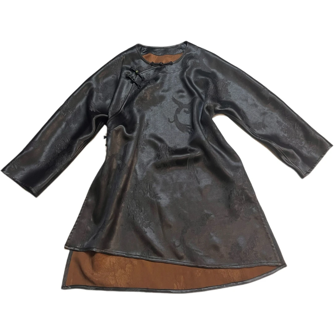 【非遗香云纱】45姆米重工冠乐绉黑色圆领斜襟中式外套