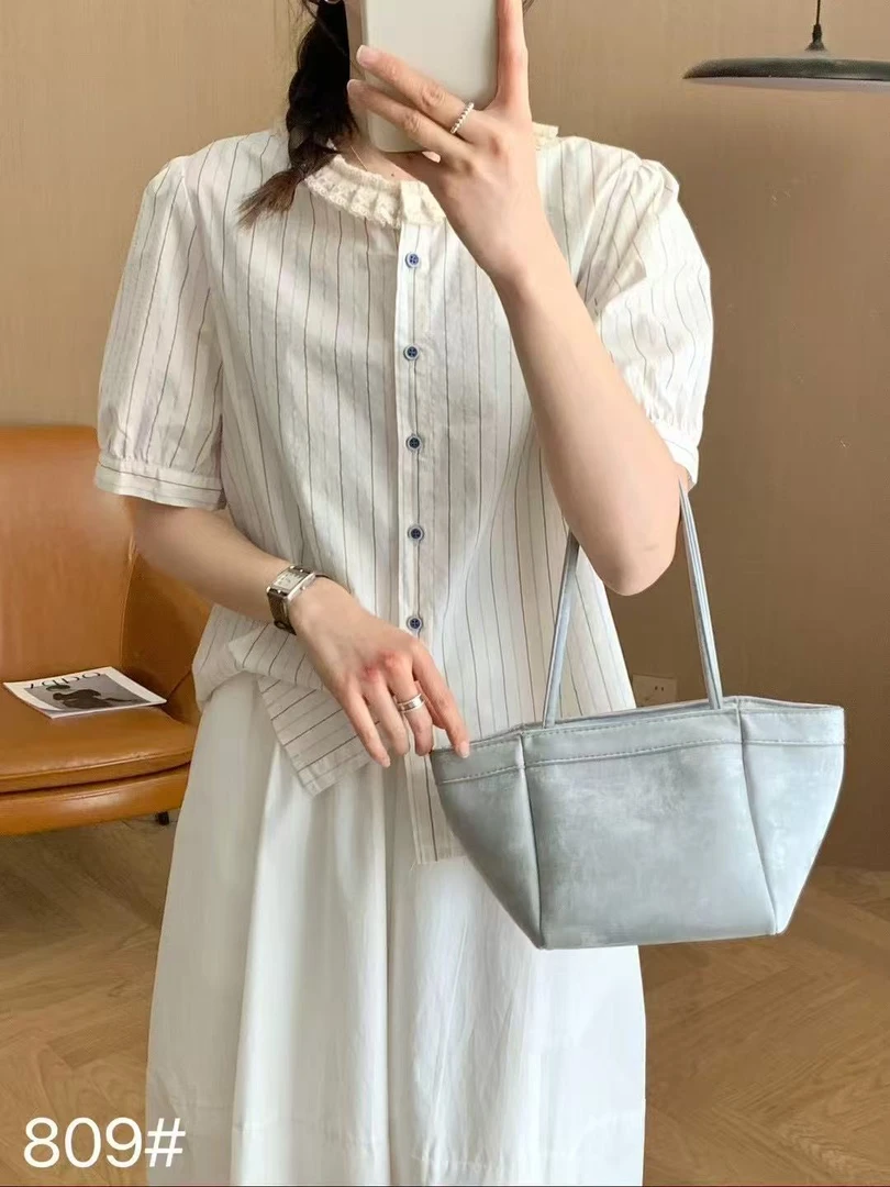 夏季新款木耳边竖条纹短袖衬衫法式复古女款上衣