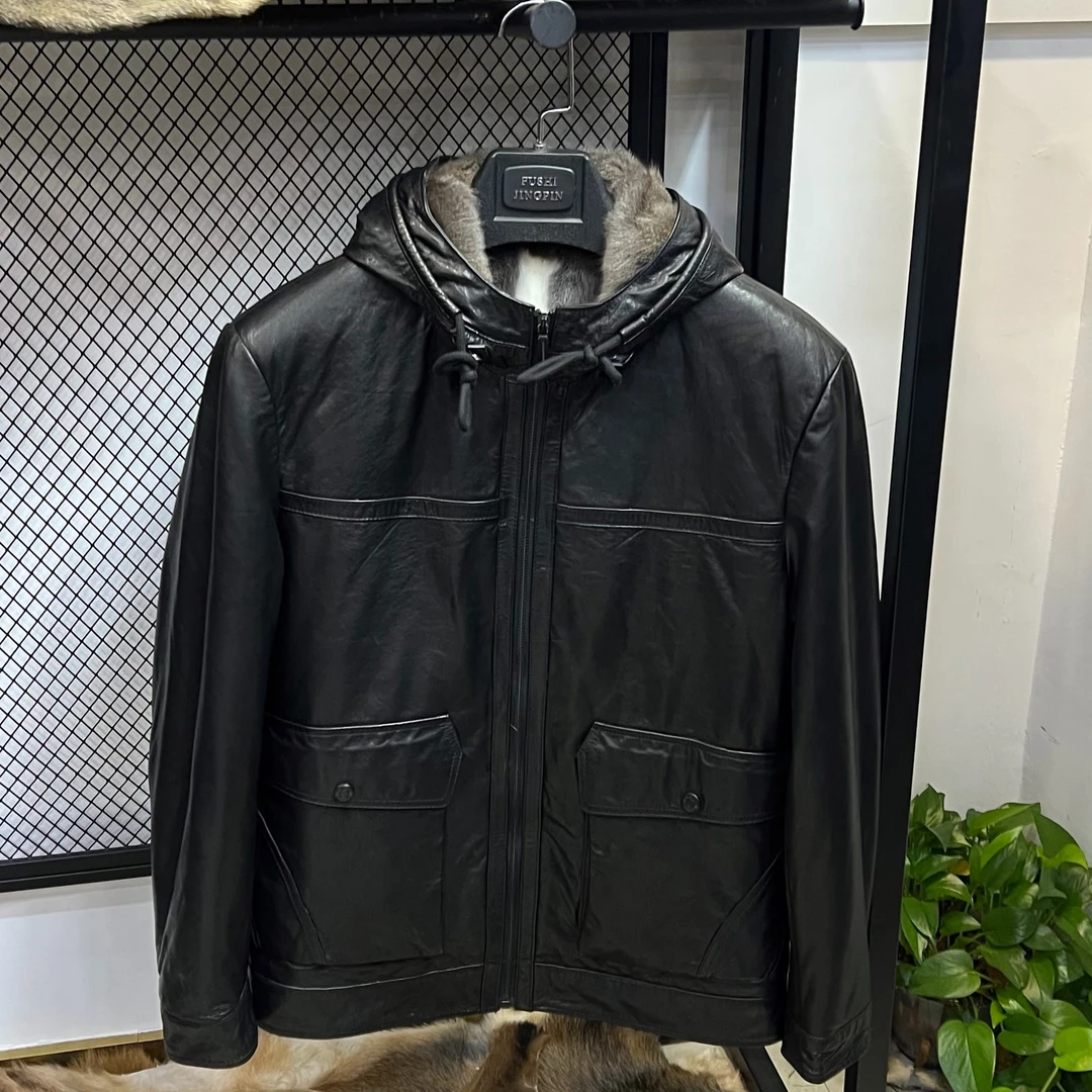 男士牛皮油蜡花貂内胆真皮皮衣短款保暖秋冬休闲男款9823