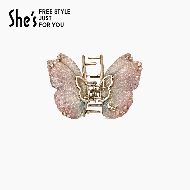 shes茜子自然复刻原创国风刺绣蝴蝶抓夹半发发抓盘发夹子发饰