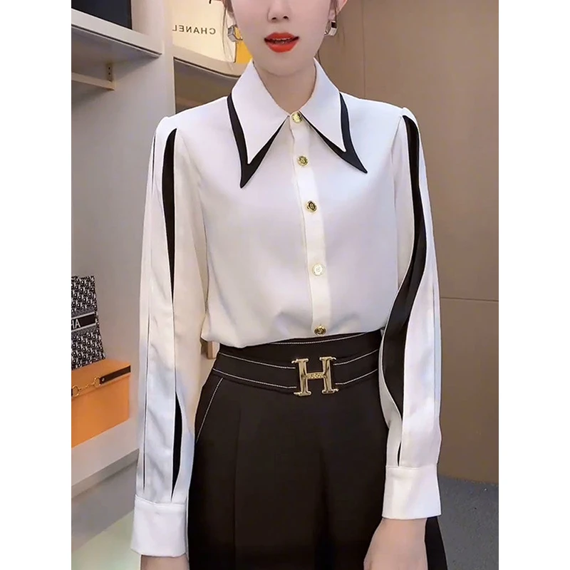 设计感气质名媛撞色尖领衬衫女秋季新款超仙休闲百搭显瘦衬衣