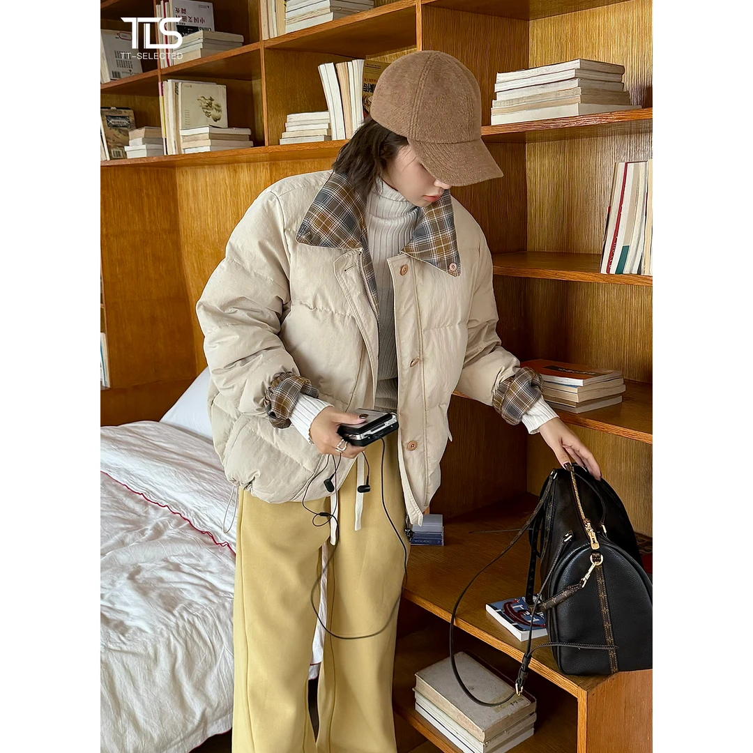 TT【暖英伦】90鹅绒安心绒双面穿格纹加绒加厚保暖羽绒外套Y5064