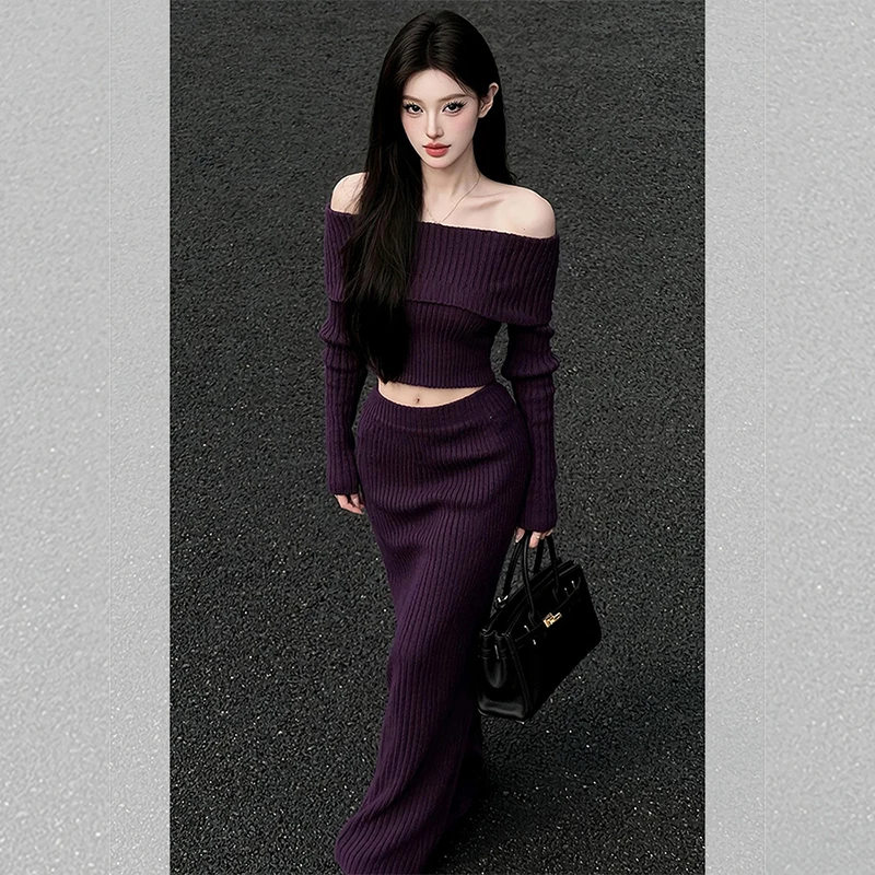 纯欲御姐风穿搭入冬女装一整套搭配紫色一字领针织上衣半身裙套装