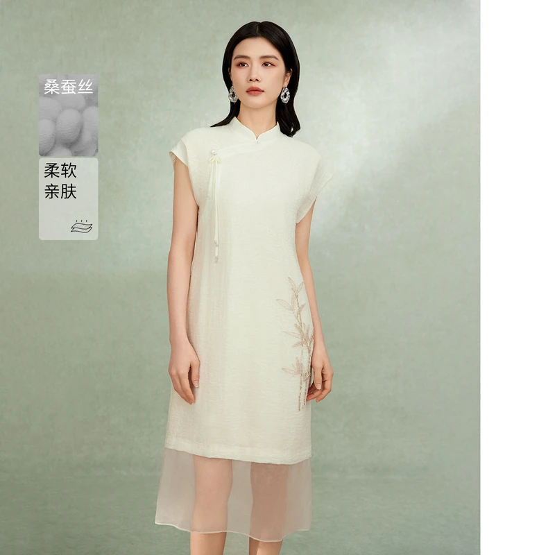 【晨晨精选】【新中式钉珠旗袍裙】粉蓝衣橱2025夏复古拼接短袖连衣裙