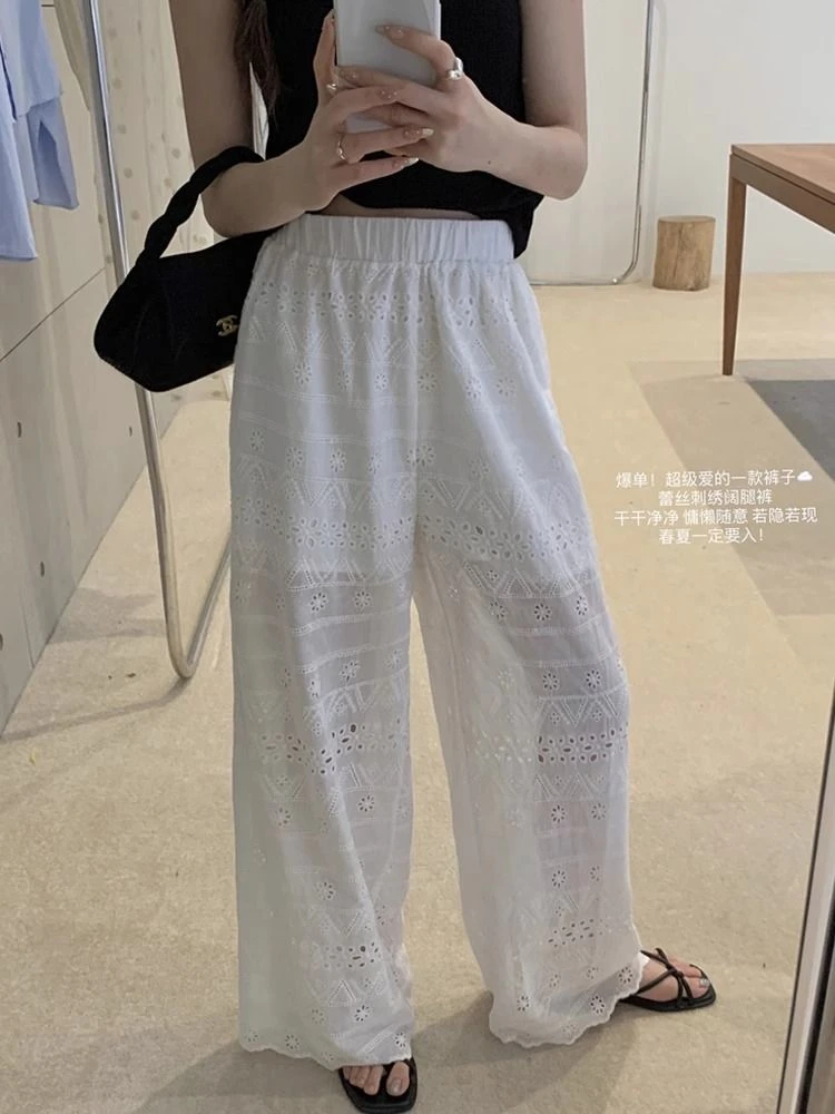 大码夏季薄款高腰蕾丝镂空拖地阔腿裤女胖mm宽松显瘦休闲直筒裤子
