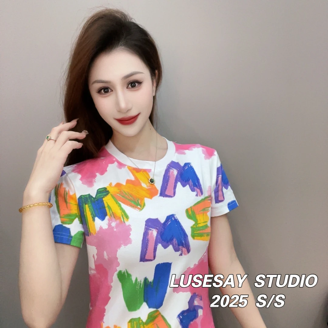 LUSESAY 设计感满印涂鸦 早春2025新款短袖t恤女百搭休闲圆领上衣