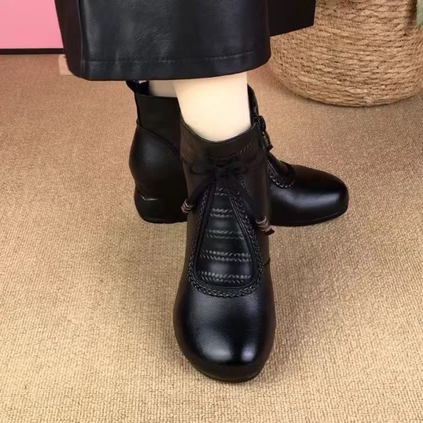 【专柜女鞋】真皮圆头马丁女靴秋冬加绒保暖短靴粗跟厚底时尚单靴