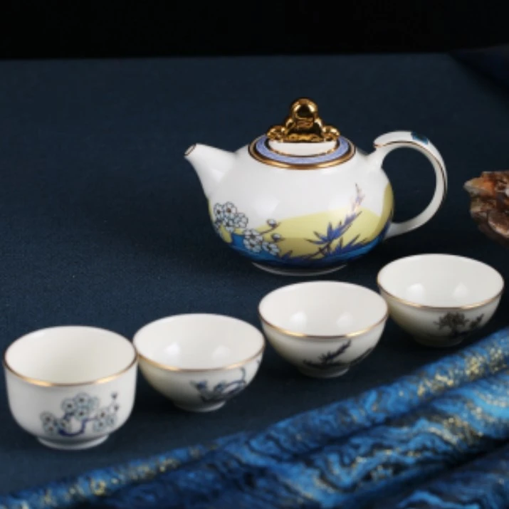 【送礼佳品 明德茶具】硅元5头陶瓷茶具家用送礼简约高档功夫茶具