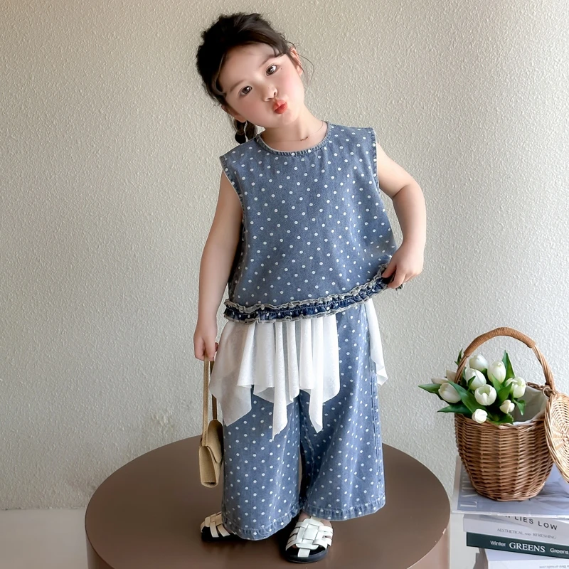 女童牛仔套装2025新款儿童夏装韩版洋气时尚女宝宝夏季波点两件套