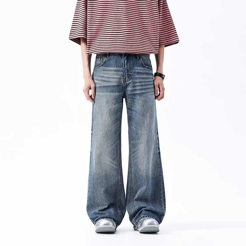 《APT》美式高街蔚蓝色牛仔裤宽松直筒猫须设计感长裤子-139