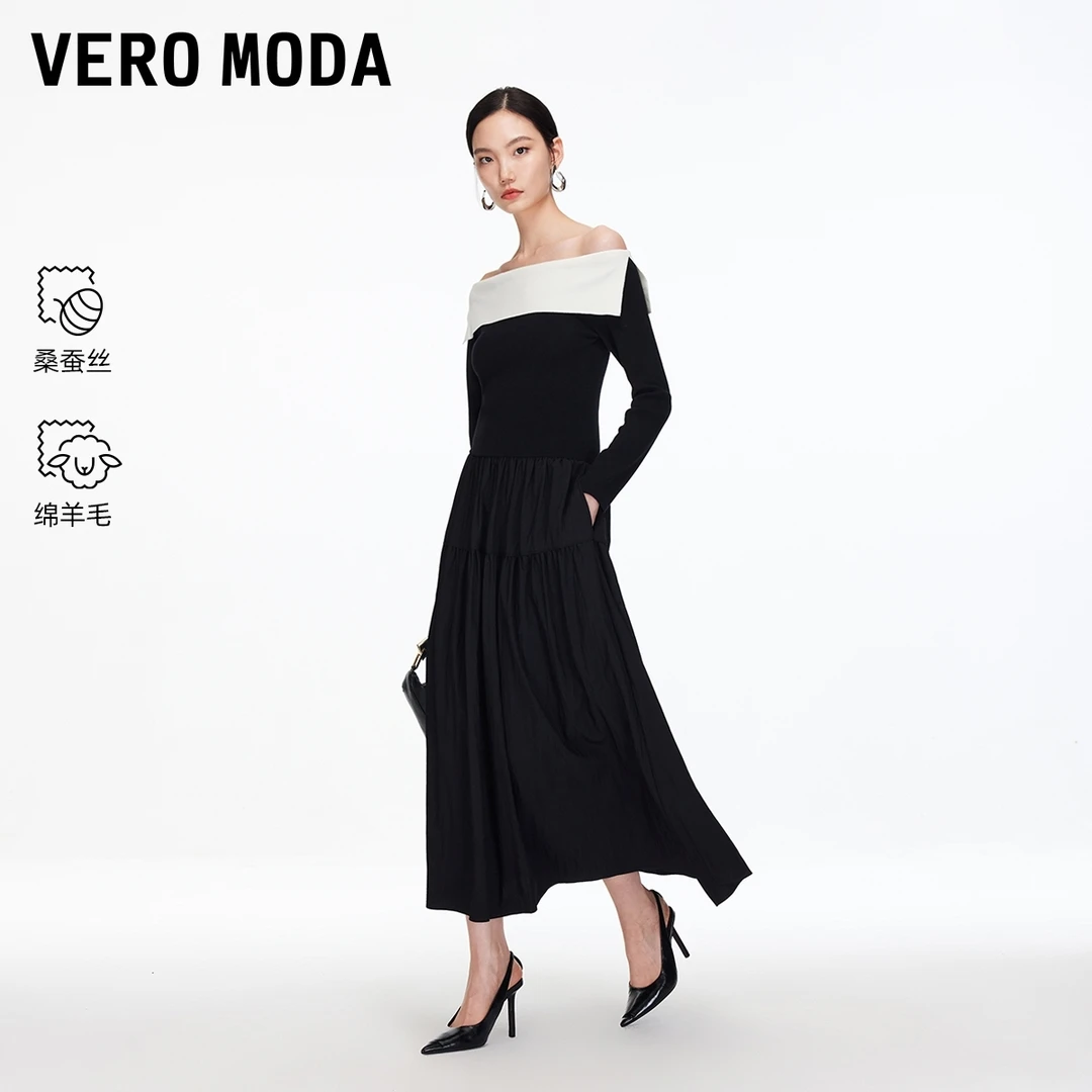 Vero Moda连衣裙25新款含绵羊毛桑蚕丝撞色一字领流光风气质显瘦