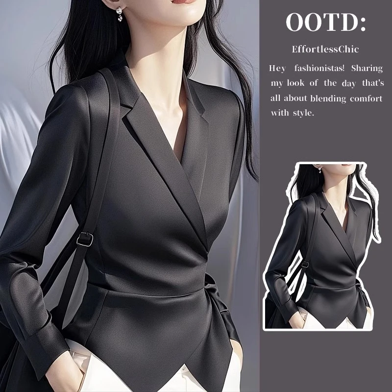 气质高级感黑色V领掐腰衬衫女2025新款春季修身显瘦轻奢法式上衣