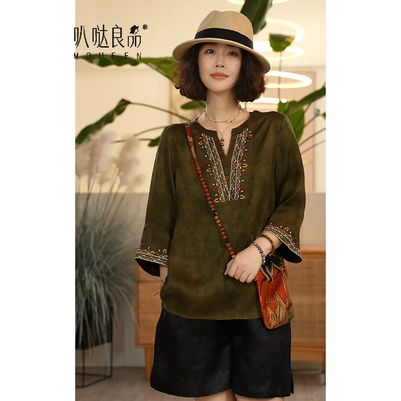 Y【叭哒不惑】入画 桑蚕丝香云纱夏季轻奢复古刺绣百搭舒适上衣