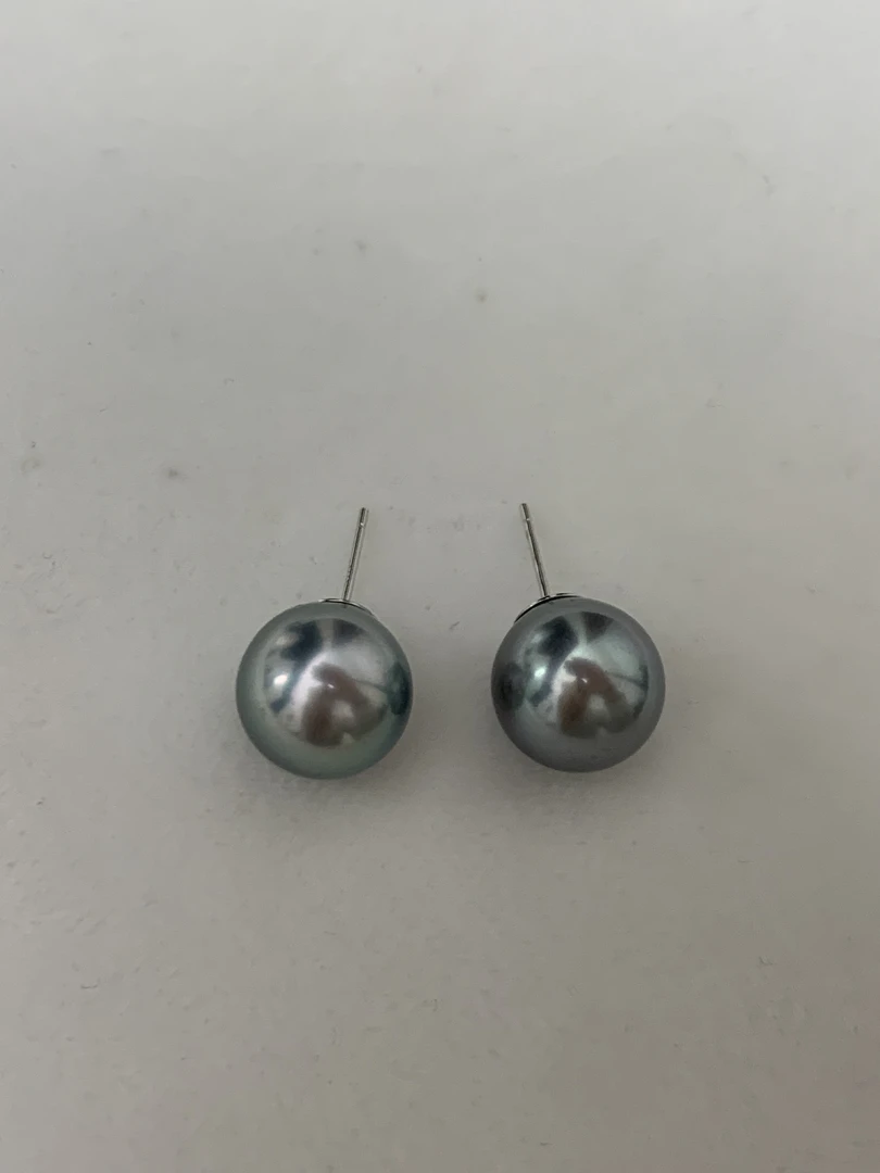 天然海水珍珠大溪地铂金灰18k金素钉12-13mm