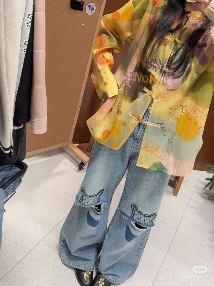 特清 MMQ 现货25春夏气质拼色涂鸦印花新中式盘扣长袖衬衫