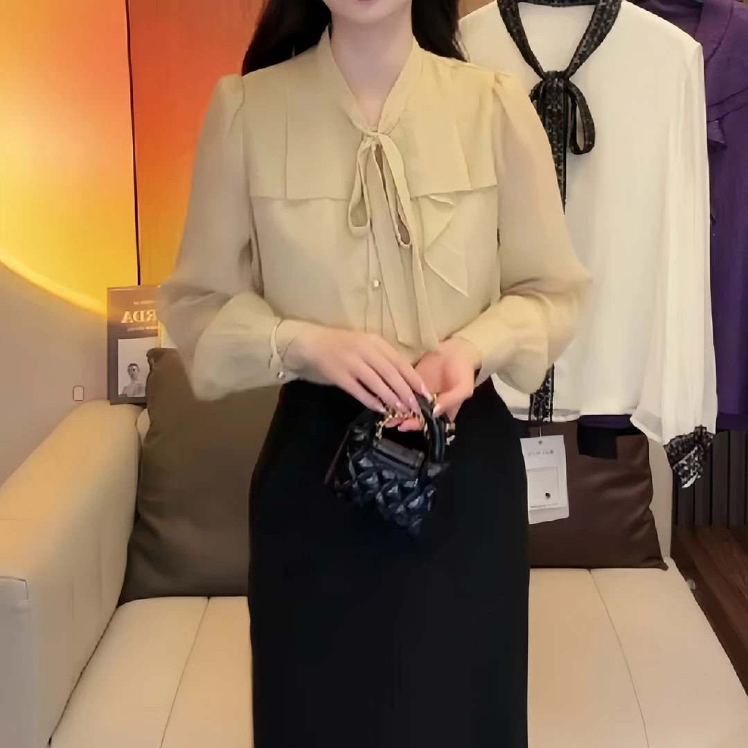 温柔风优雅淑女系带显瘦衬衫2025年秋冬新款高级感洋气蝴蝶结上衣