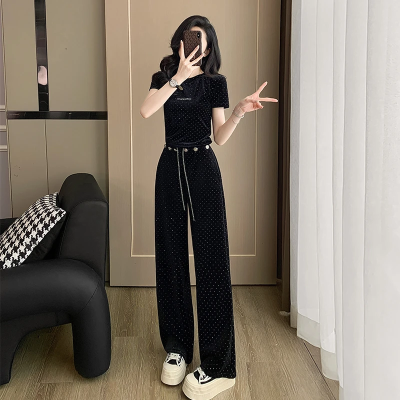 轻熟风休闲时尚套装女高腰直筒裤与短袖T恤减龄洋气显瘦两件套