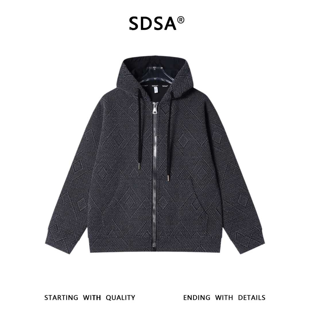 SDSA秋冬新款痞帅男装韩版提花菱形格拉链连帽卫衣百搭宽松上衣