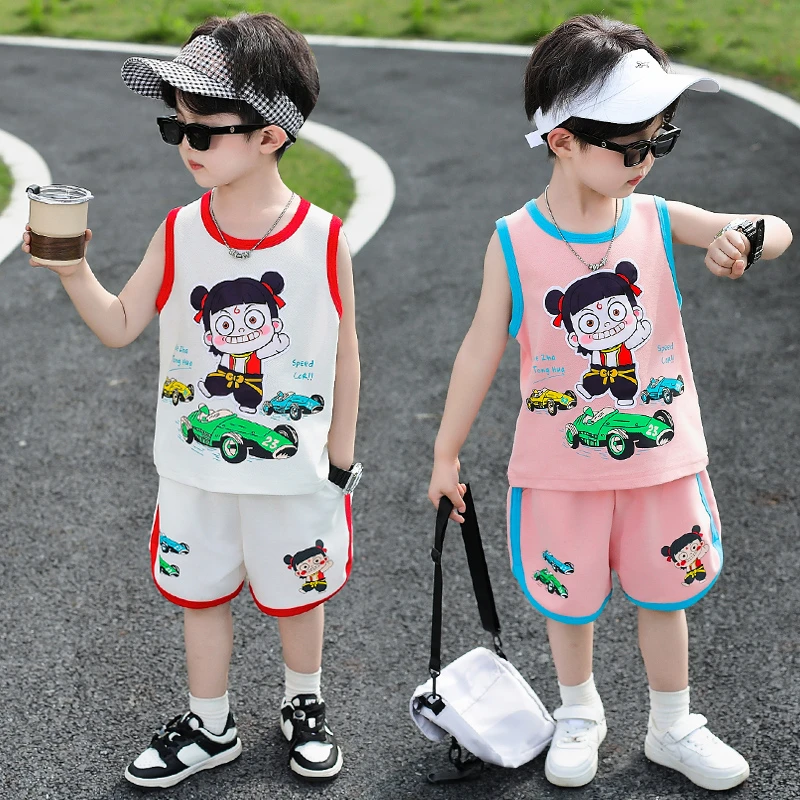 哪吒衣服男童运动套装夏季2025新款儿童卡通背心两件套宝宝夏装潮