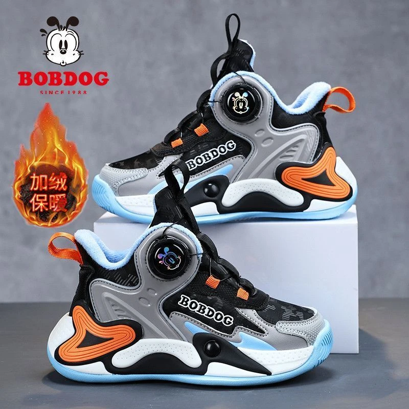 巴布豆男童加绒保暖棉鞋皮面防水中大童运动鞋冬季新款儿童篮球鞋