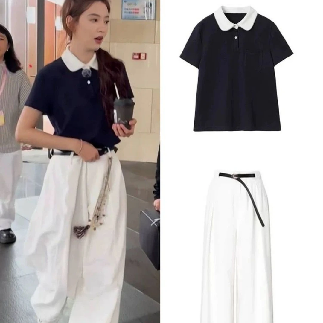 章若楠同款蓝色娃娃领POLO衫短袖T恤女学院风百搭宽松撞色上衣夏