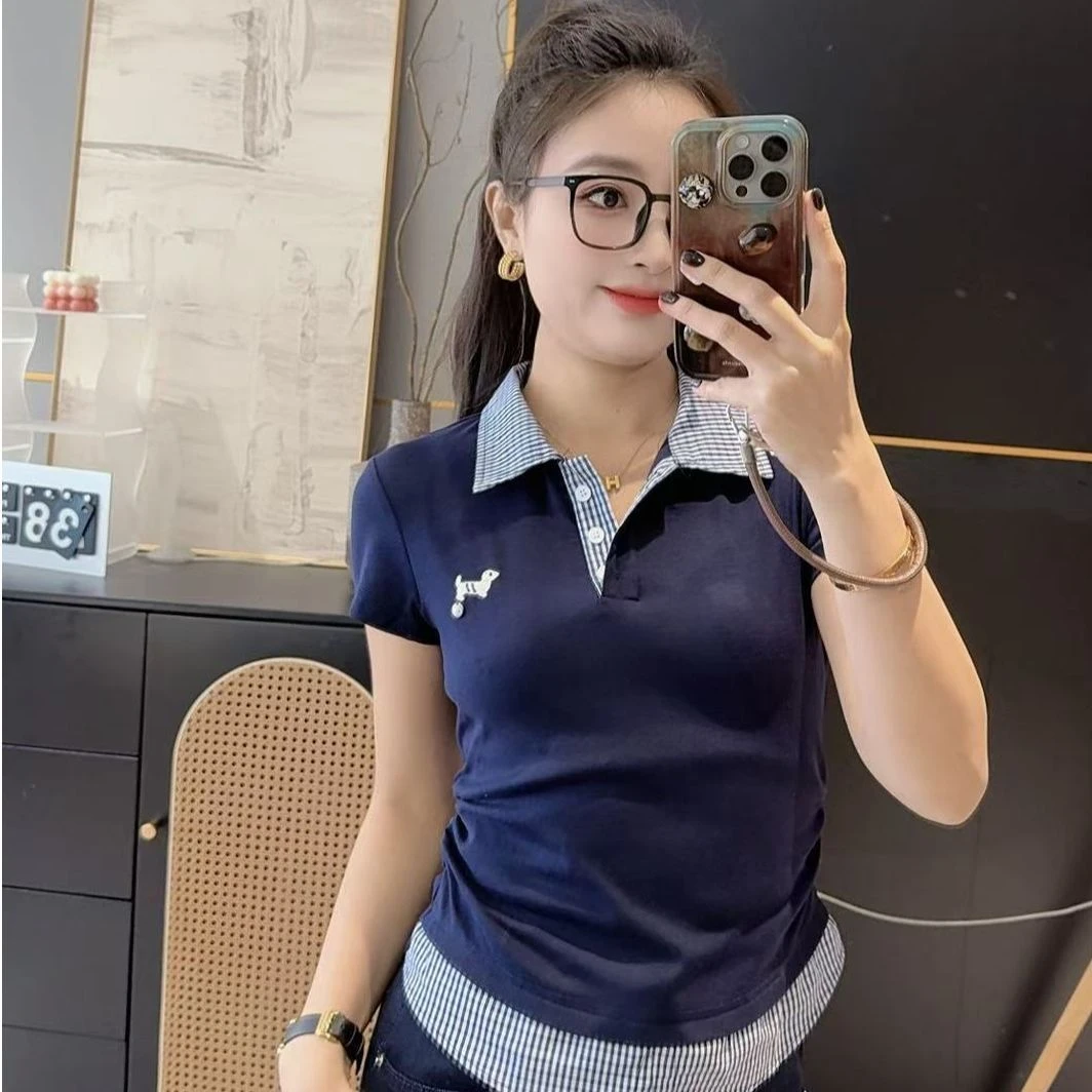 Polo领假两件格子拼接短袖T恤女夏季新款修身独特漂亮设计感上衣