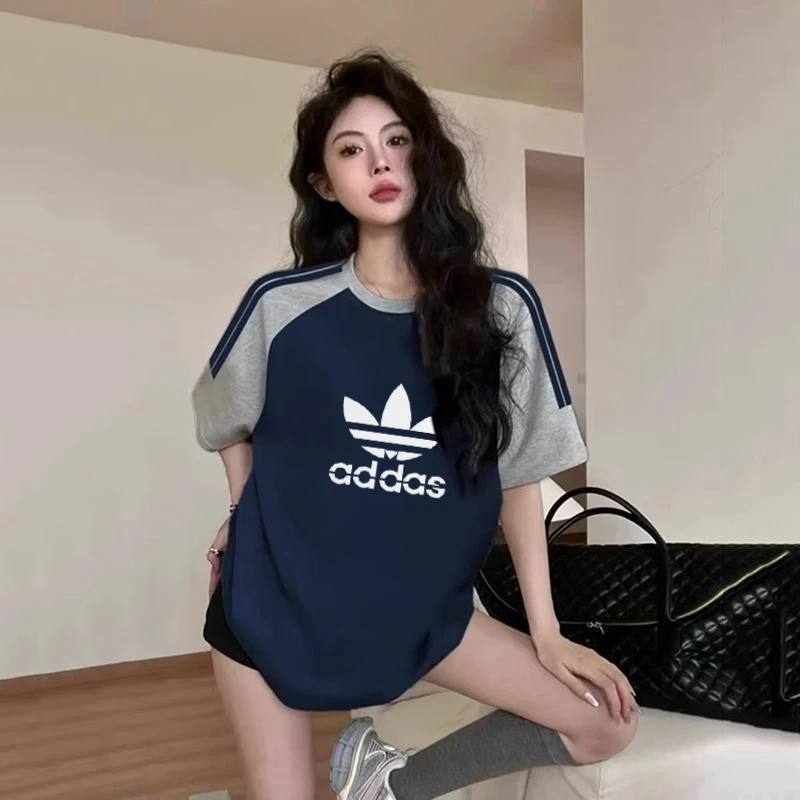 官方正品奥特莱斯美式短袖T恤女2025夏季宽松纯棉拼色条纹上衣D