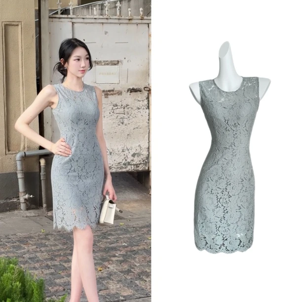 希野逸儿/蕾丝镂空圆领包臀连衣裙女夏季新款设计感气质收腰显瘦