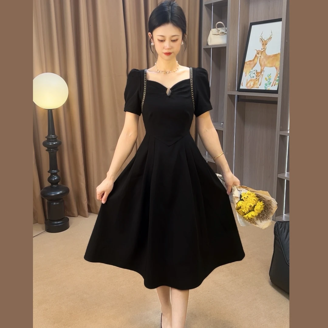 【思语定制】法式假两件黑金立体环扣显瘦收腰连衣裙RS2298-1