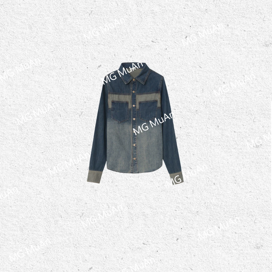 MG.毛毛【矩阵衬衫】定制高级拼接撞色牛仔衬衫上衣女F8-8875