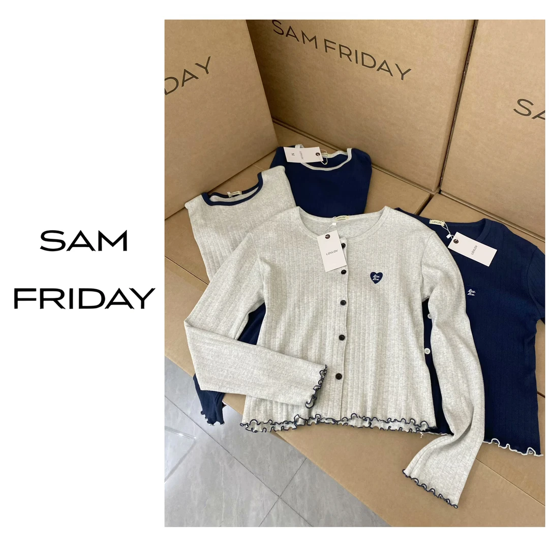 SamFriday韩国小众品牌 早秋女士针织开衫花边长袖外套正品代购款