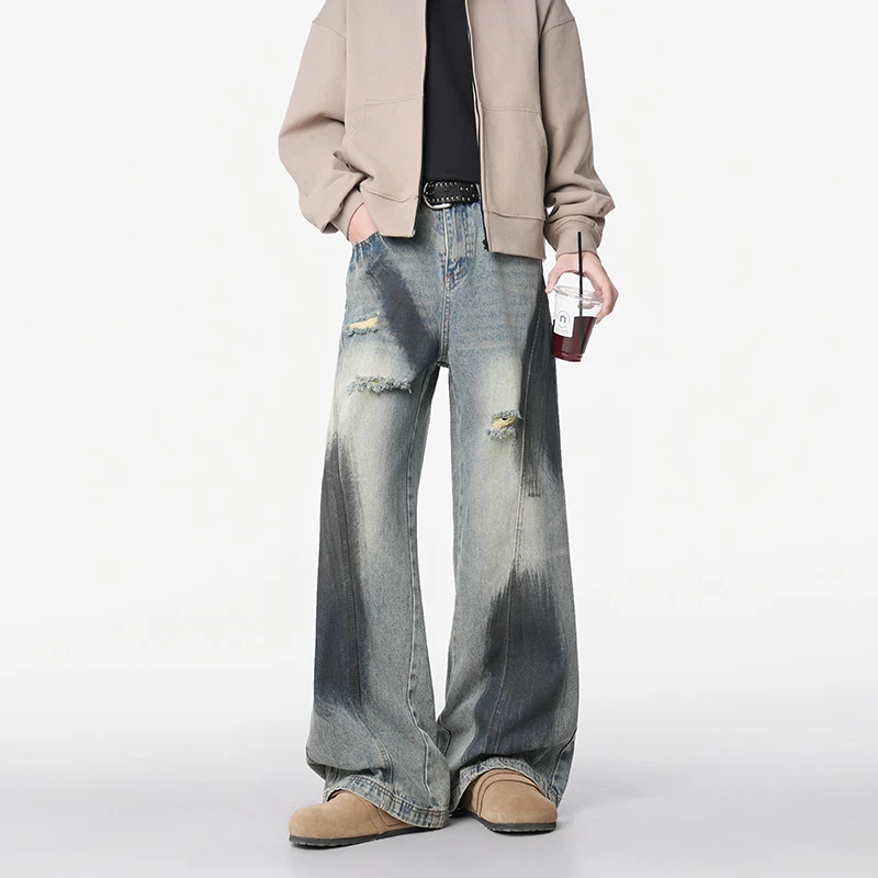 美式弯刀破洞牛仔裤男夏季高街扎染阔腿长裤潮牌拼接水洗直筒裤子