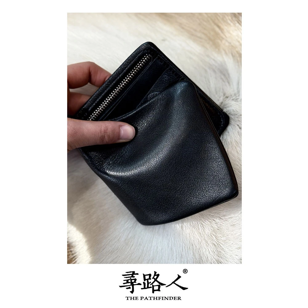 寻路人男士质感黑色真皮小众便携简约绵柔多功能实用百搭钱包