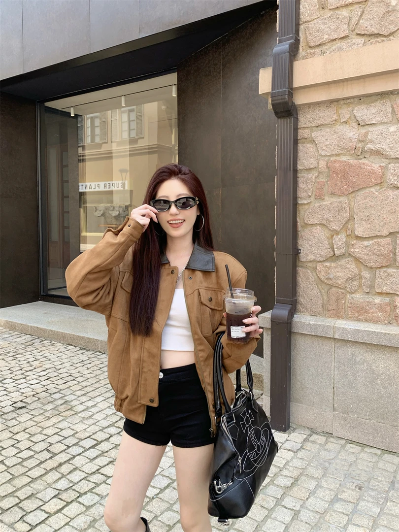 希妮丝 美式辣妹高街穿搭巴恩风鹿皮绒外套女装秋装新款加厚上衣