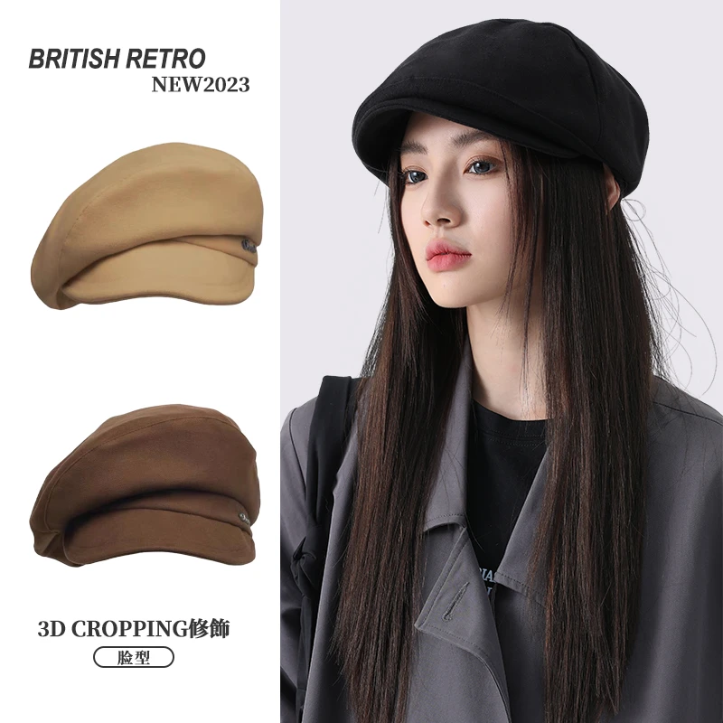 韩版新款秋冬文艺复古八角帽显脸小黑色贝雷帽女大头围画家帽子潮