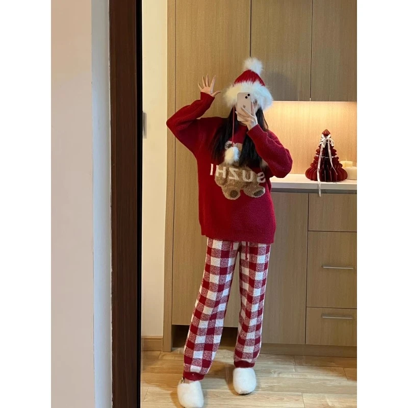 【本命红の小熊】睡衣女冬甜美可爱加厚保暖软绵绵套装半边绒家居服