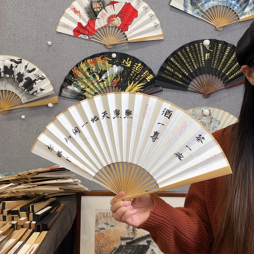 国画8寸玉竹-纯手绘-文玩扇骨（默认粘好）