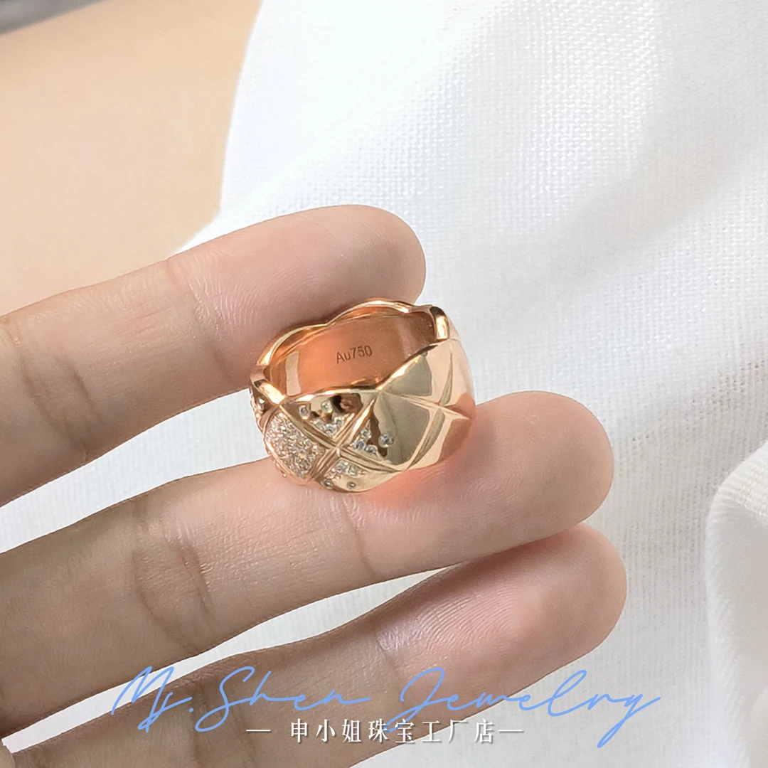 【申小姐】18K金天然钻石菱格戒指厚金11mm宽版