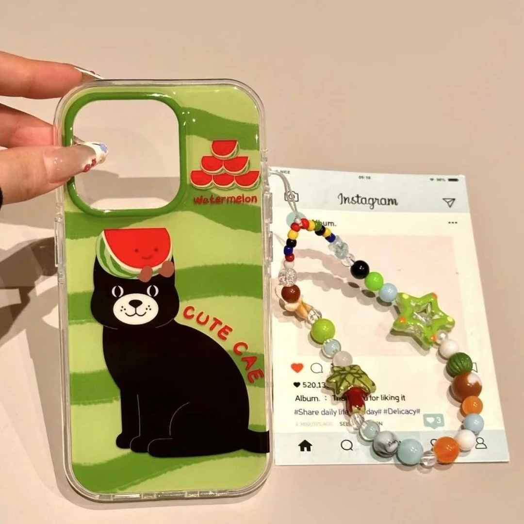 西瓜黑猫适用华为mate60苹果oppo小米15/14/13防摔vivo手机壳女