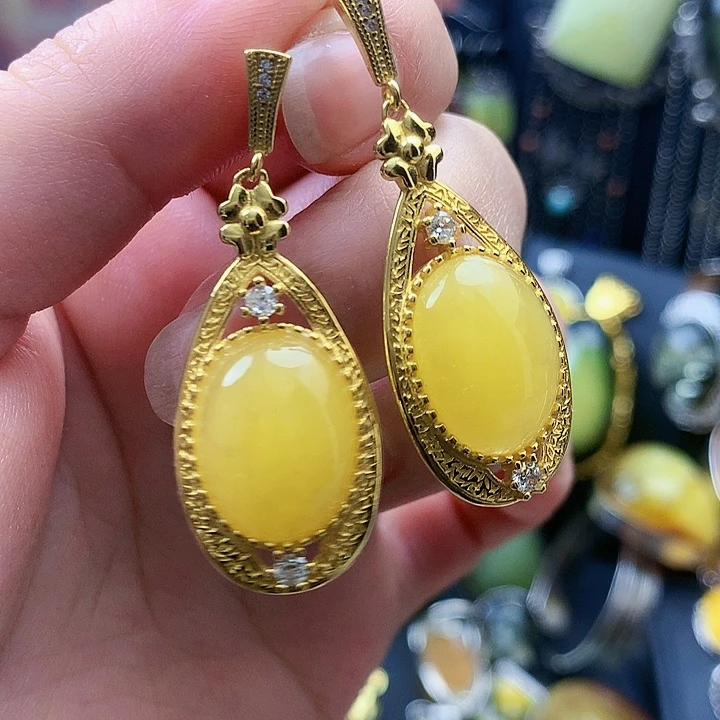 琥珀裸石银S925镶嵌耳坠