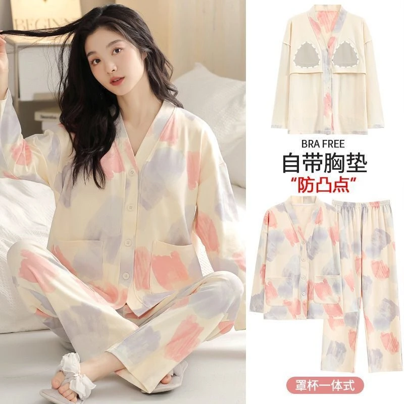 带胸垫一体睡衣女款春秋款纯棉长袖大码和服2025新款防凸点家居服