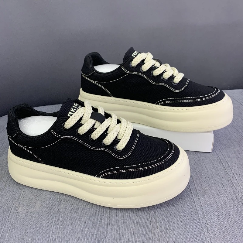 男士新款帆布鞋潮中跟圆头学院风透气平跟休闲板鞋韩版高智淡人风