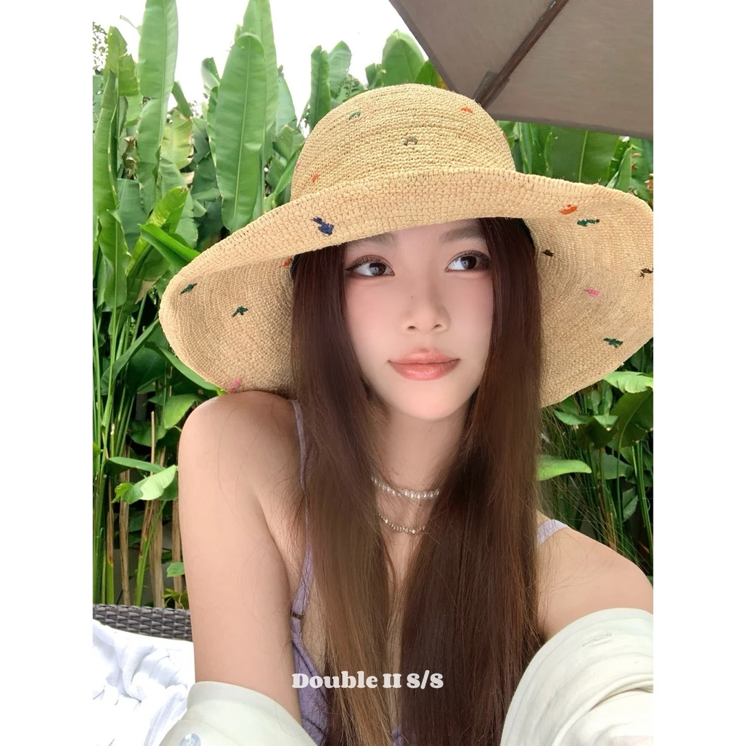 double i i 彩色编织拉菲草草帽女夏季出游户外沙滩遮阳渔夫帽