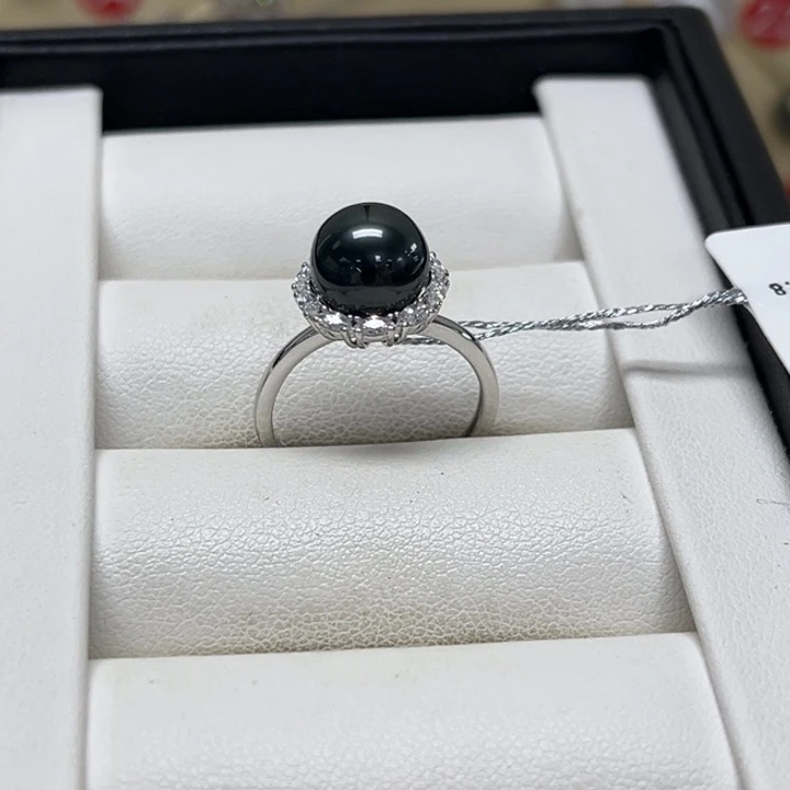 银S925镶嵌海水珍珠戒圈大溪地 8-9mm 12号