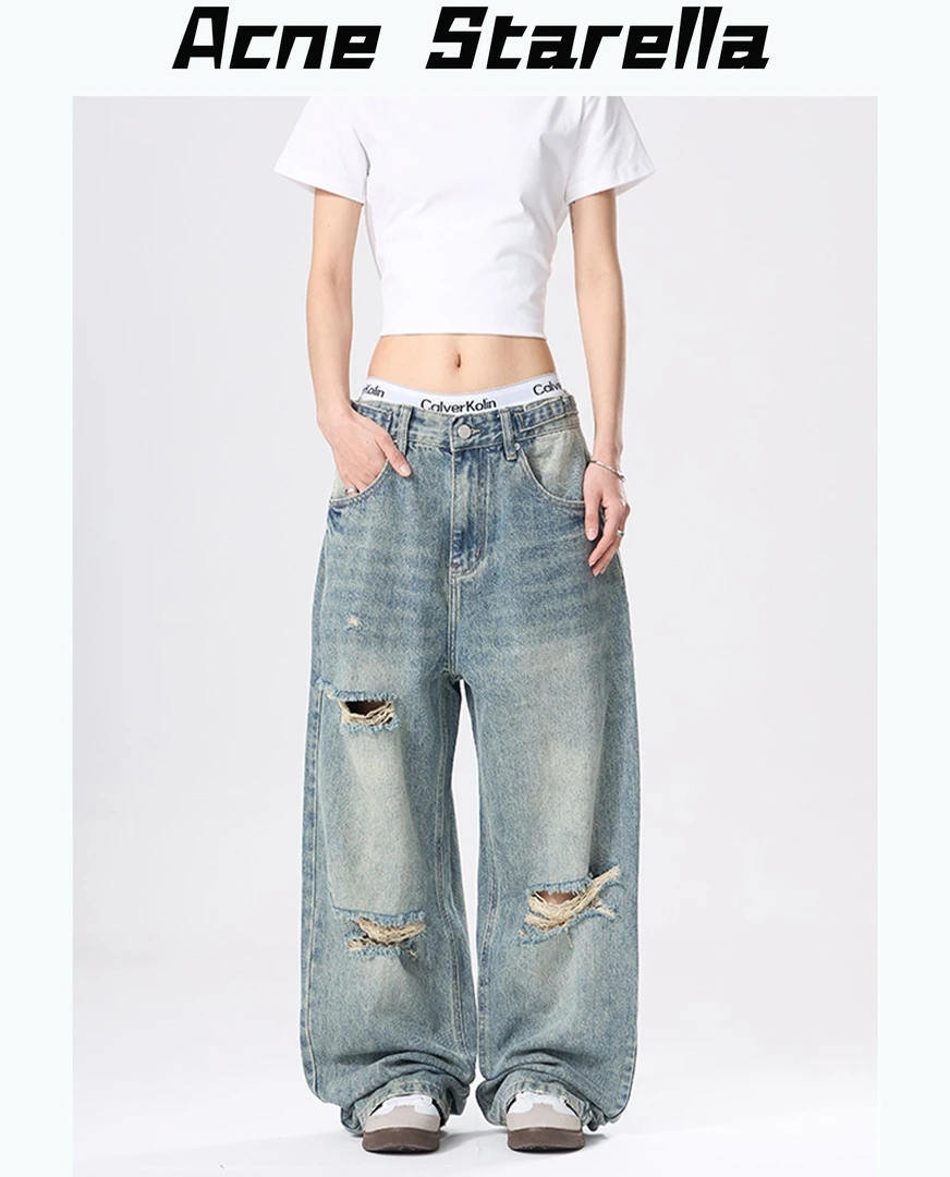 Ac2025【男女同款】夏季新款美式宽松阔腿牛仔裤休闲水洗做旧破洞